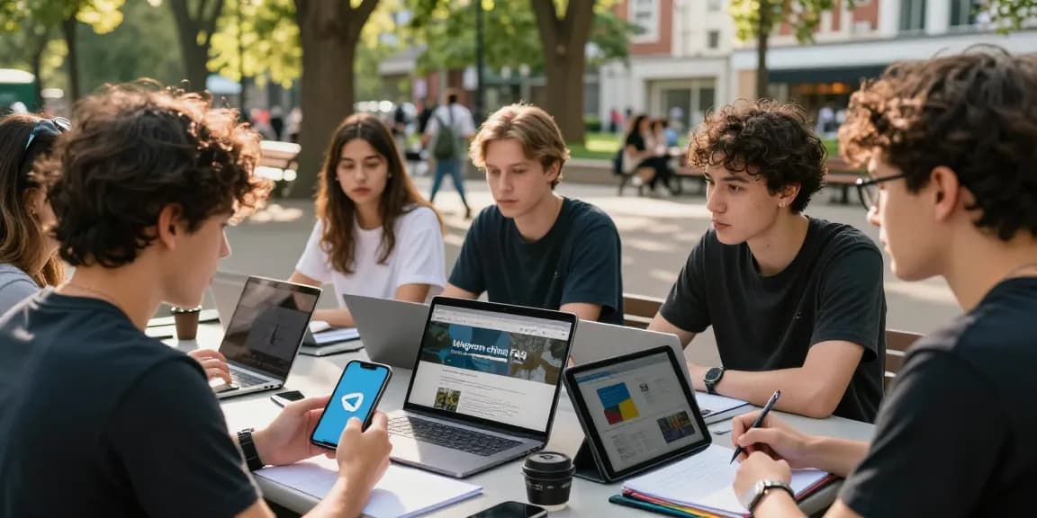Group discussing telegram china FAQ in a lively park setting
