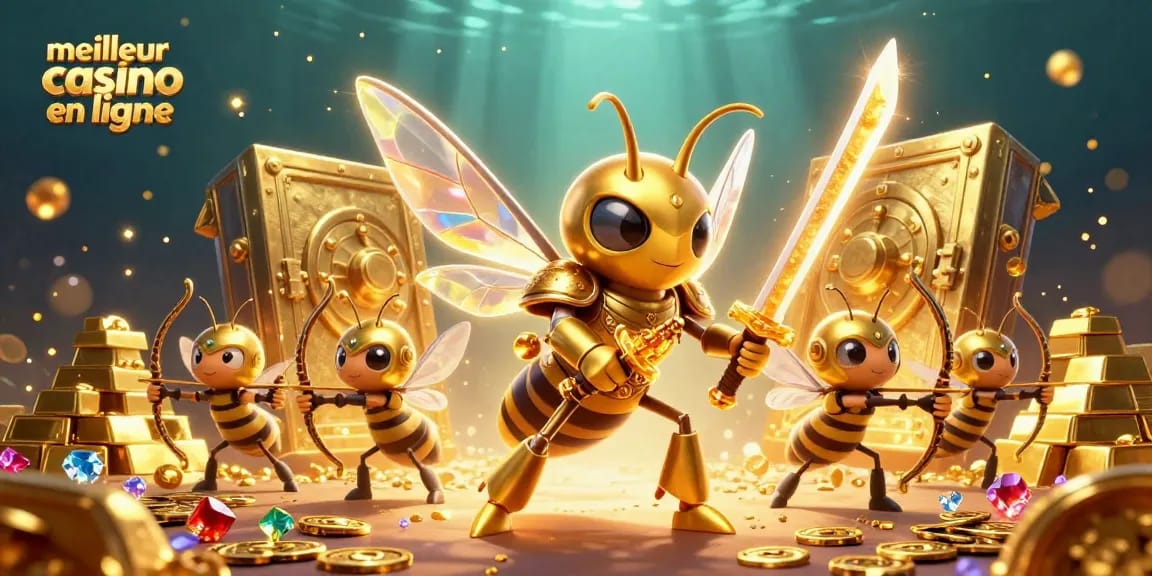 Visitez le meilleur casino en ligne avec une illustration 3D captivante de personnages dynamiques entourés de richesses.