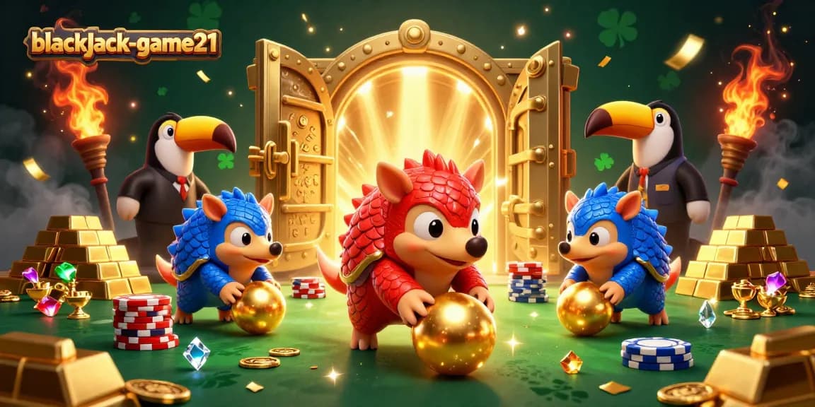 Play exciting games with blackjack-game21 featuring competitive pangolins, poker chips, and golden treasures.