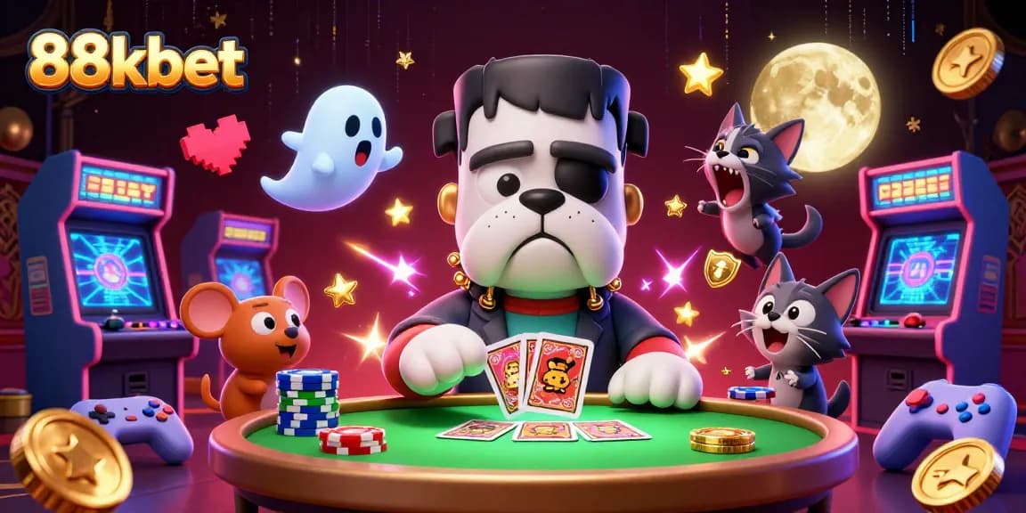 Engage with the excitement of 88kbet as playful monsters deal cards and win at a vibrant casino table.
