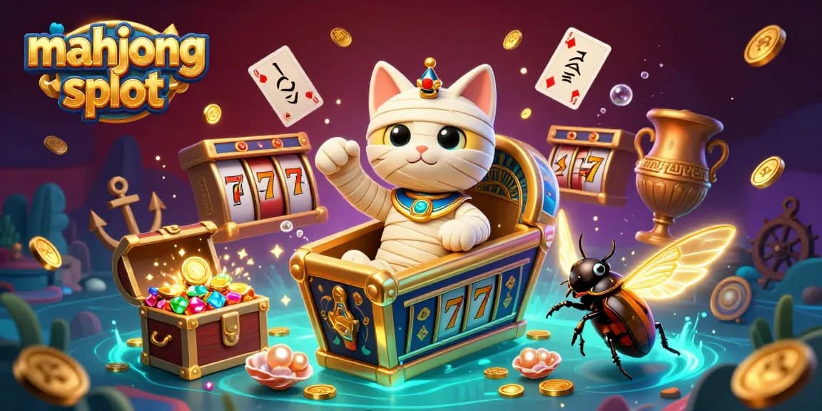 Experience the excitement of mahjong slot with a dynamic 3D illustration featuring vibrant casino elements and a captivating cat mummy.