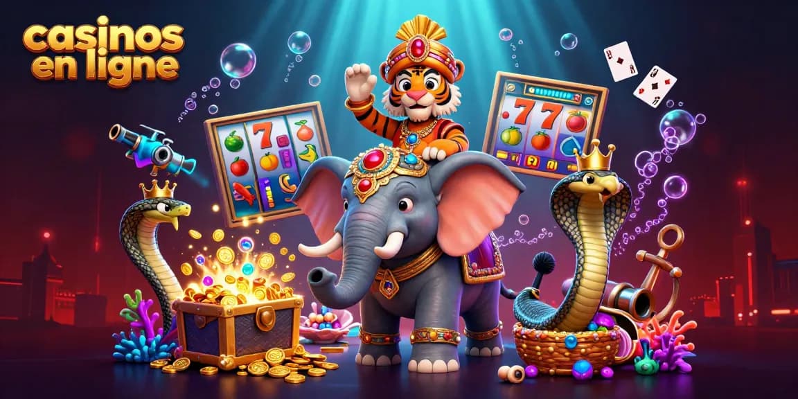 Jouez aux casinos en ligne avec ce tigre maharaja sur un éléphant, entouré de trésors et de symboles de machines à sous.