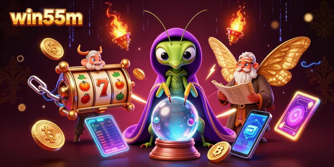 Experience the thrill of win55m with a vibrant illustration showcasing a dynamic casino scene filled with characters, games, and crypto elements.