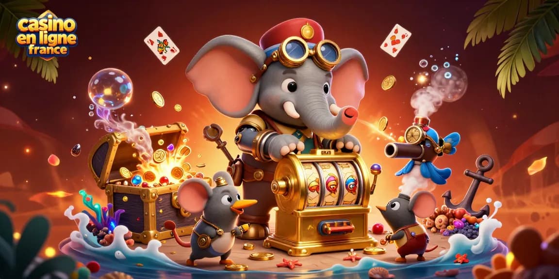 Illustrez vos gains sur casino en ligne France avec un éléphant ingénieur et des machines à sous dorées.