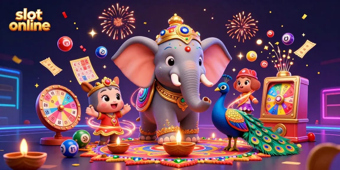 Engage with exhilarating slot online experiences featuring dynamic illustrations of casino elements and festive designs.