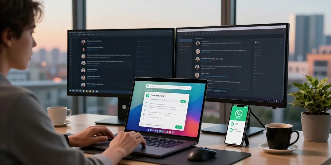 Using WhatsApp網頁版 on a sleek laptop in a vibrant workspace with ambient lighting and productivity elements.