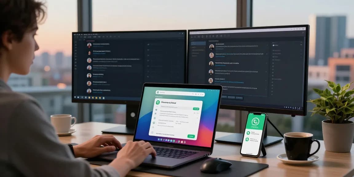 Using WhatsApp網頁版 on a sleek laptop in a vibrant workspace with ambient lighting and productivity elements.