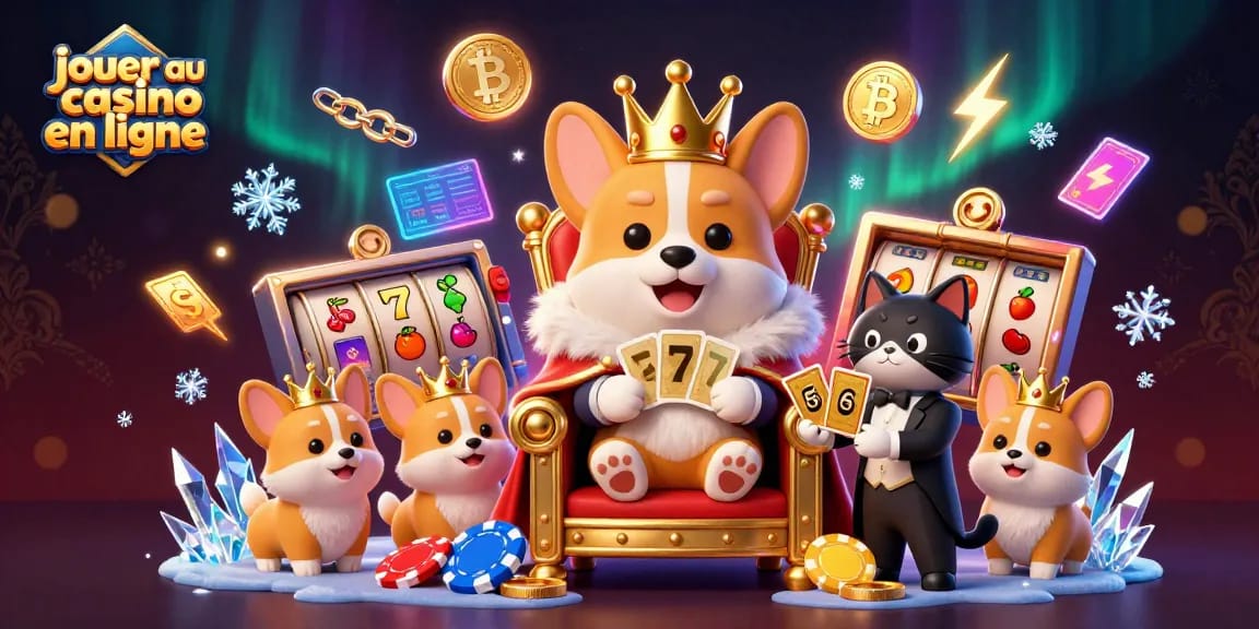 Découvrez un corgi royal jouant au casino en ligne avec des éléments de jeu fascinants.