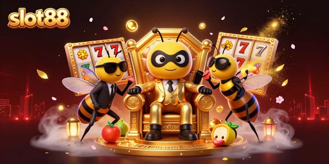 Spin the slot88 reels alongside the bumblebee mob boss in this vibrant casino scene.