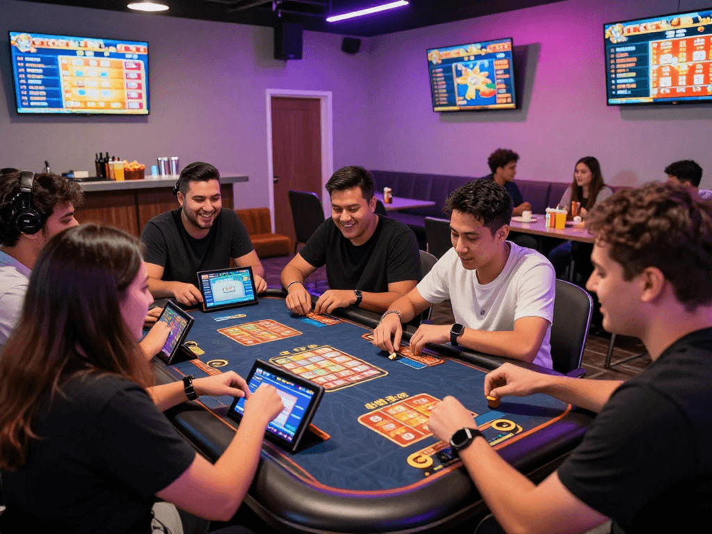 Exciting gaming atmosphere with friends playing togel 4D in vibrant online casino setting.
