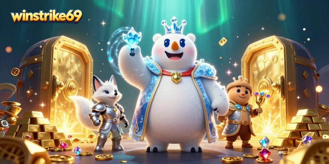 Winstrike69 showcases a vibrant casino scene with a royal polar bear and treasure elements.