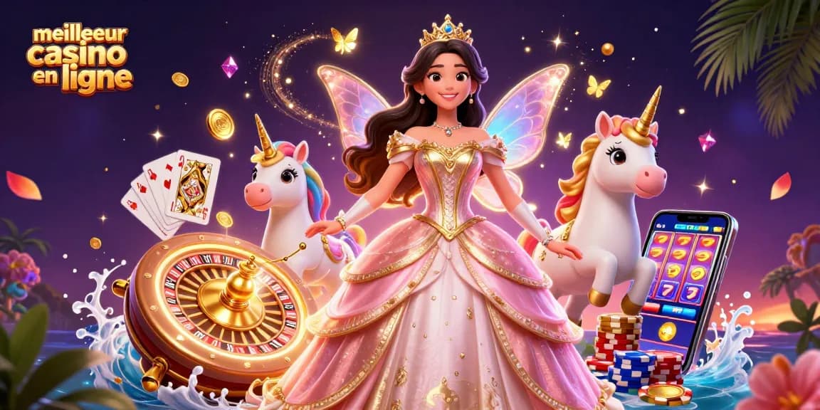 Découvrez la scène vibrante du meilleur casino en ligne avec un personnage glamour et des éléments de casino.