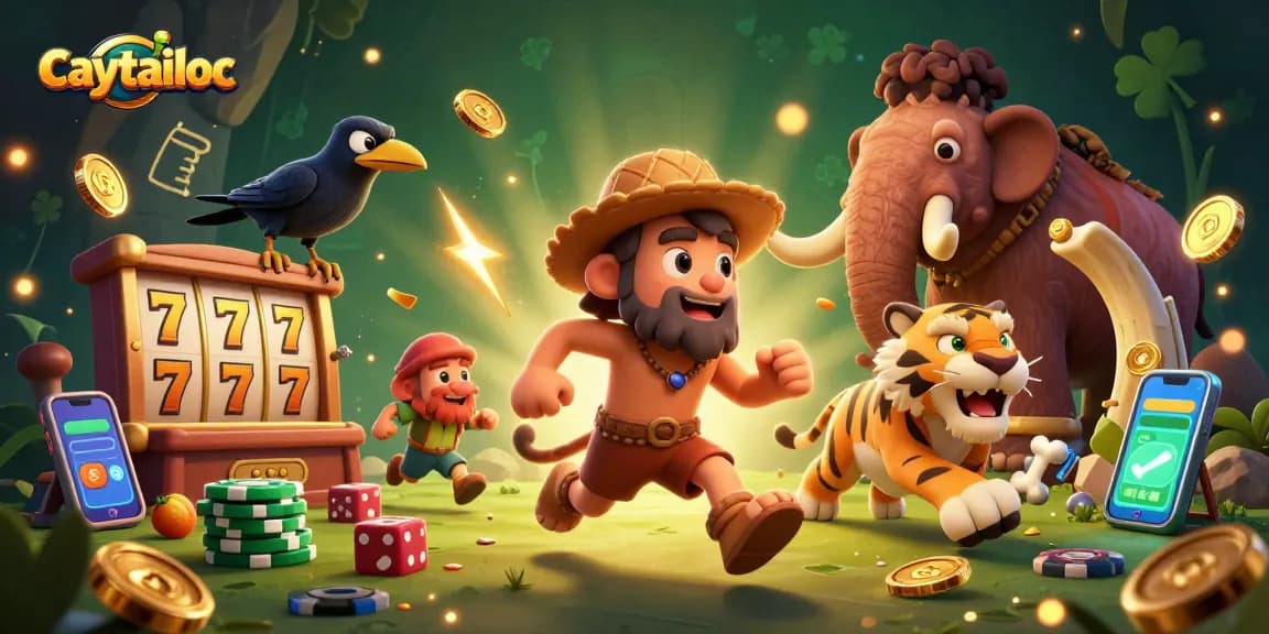 Experience exciting spins with caytailoc as a cartoon caveman and sabertooth tiger run a vibrant casino