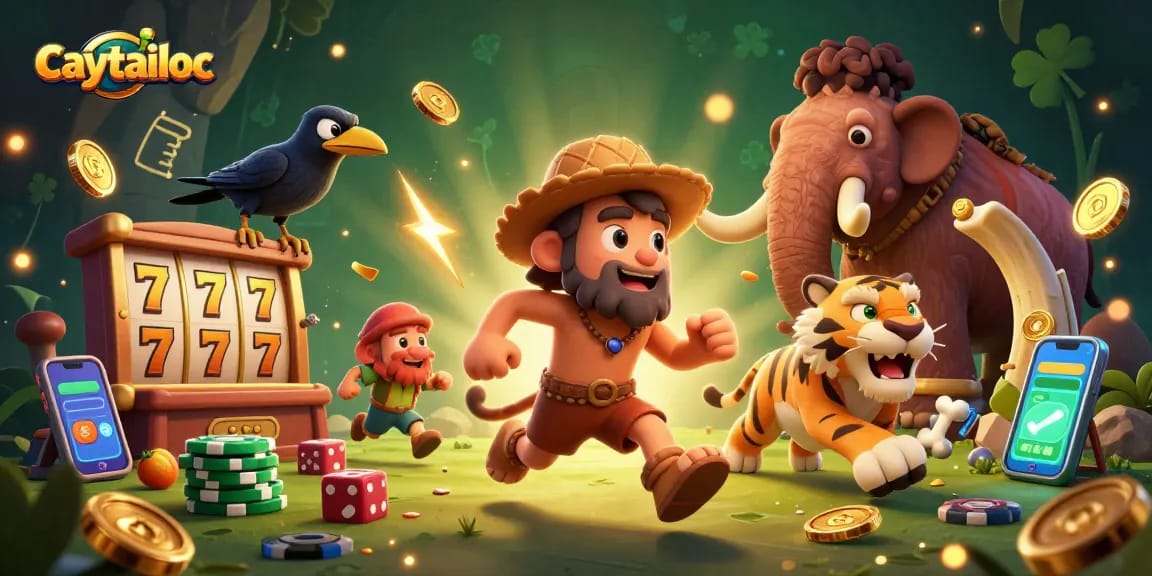 Experience exciting spins with caytailoc as a cartoon caveman and sabertooth tiger run a vibrant casino