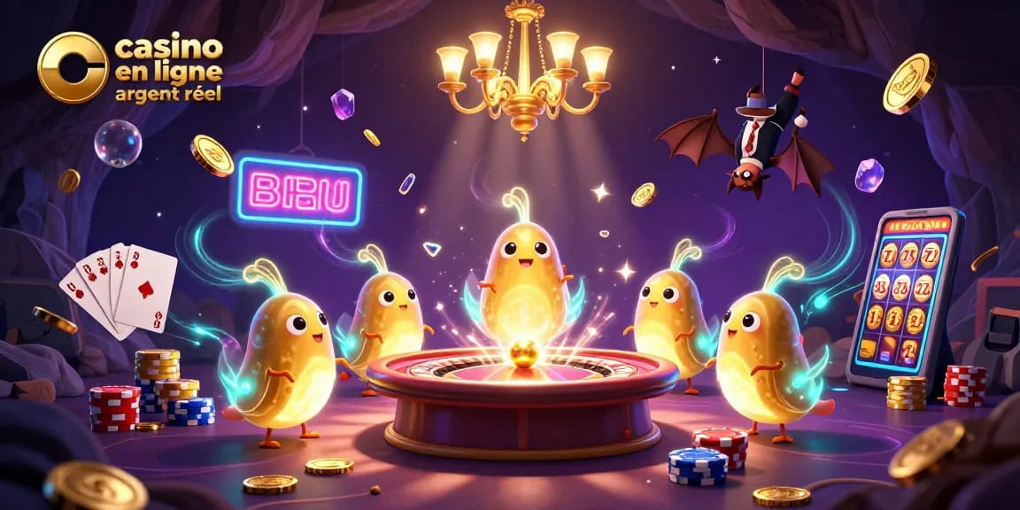 Illustration d'un casino en ligne argent réel avec des vers luisants et un dealer chauve-souris.