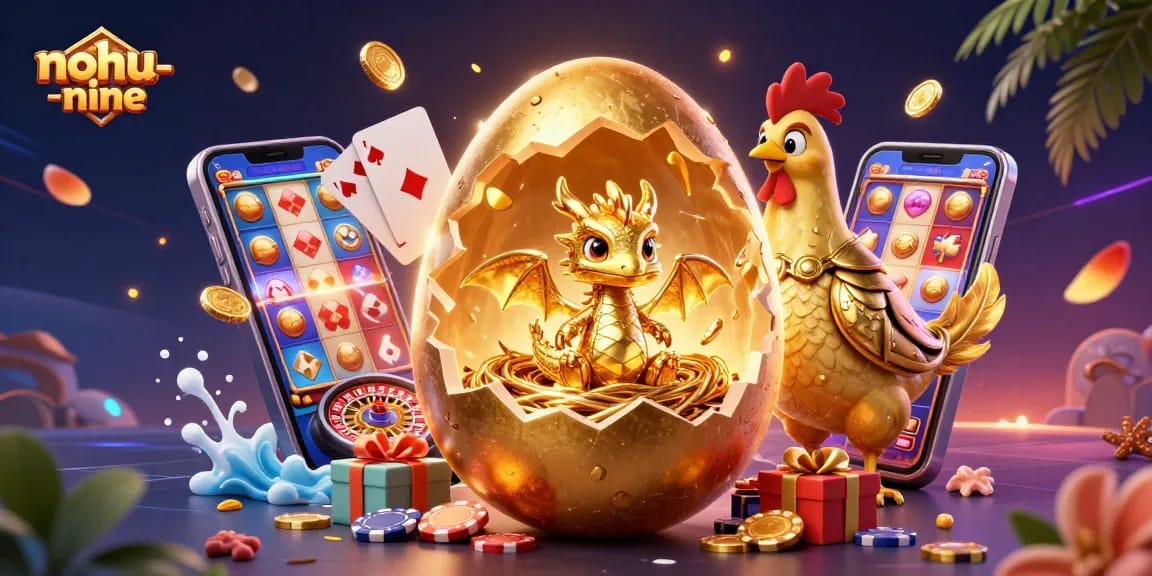 Experience thrilling gameplay with nohu-nine as golden dragon emerges from the egg surrounded by chips and coins.