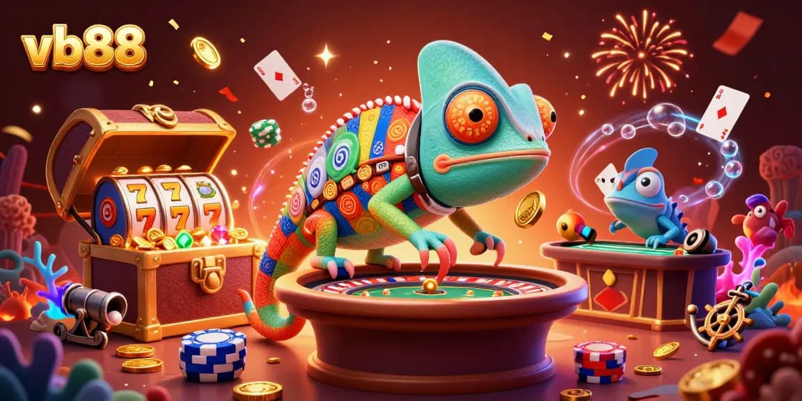 Play slots with vb88's chameleon casino owner amidst a vibrant treasure-filled scene.