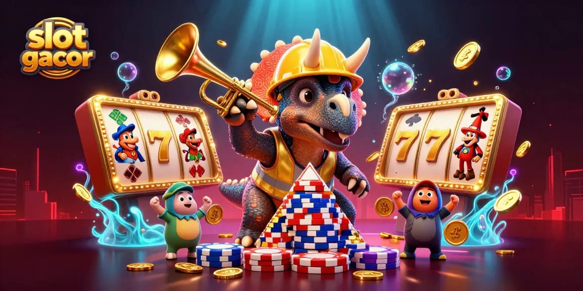 Slot gacor menggembirakan dengan karakter kartun sedang membangun tumpukan chip poker.