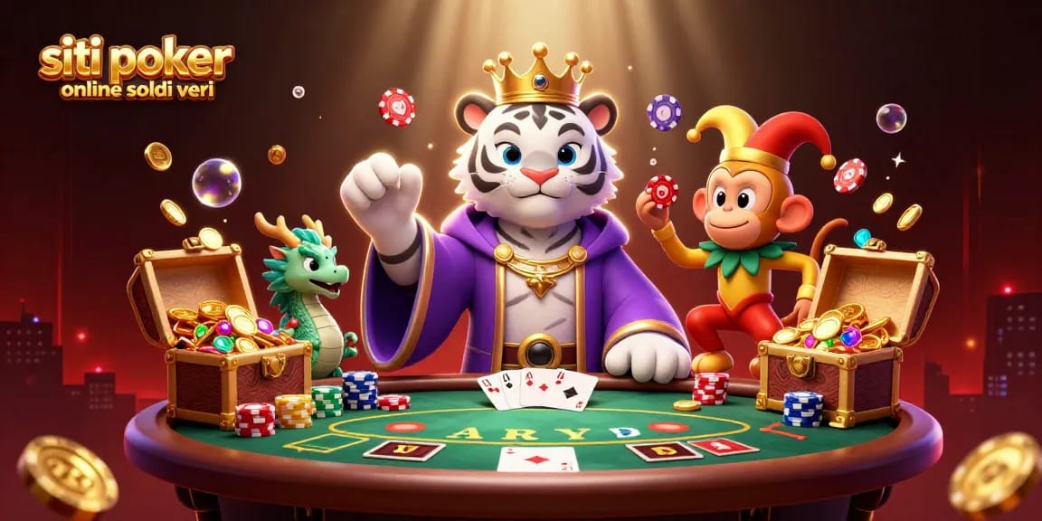 Siti poker online soldi veri: una tigre, una scimmia giocoliera e un drago, circondati da elementi di poker e tesori