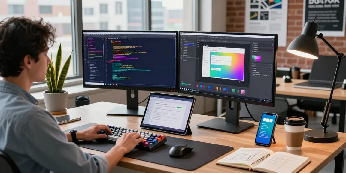 Dynamic tech workspace illustrating openclaw skills with code, devices, and collaboration elements in a modern office setting.