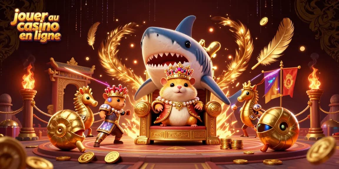 Jouer au casino en ligne avec une illustration dynamique présentant un roi hamster doré entouré de gardes seahorse dans une arène richement décorée.