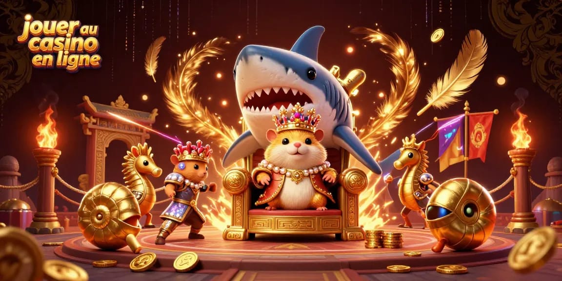 Jouer au casino en ligne avec une illustration dynamique présentant un roi hamster doré entouré de gardes seahorse dans une arène richement décorée.