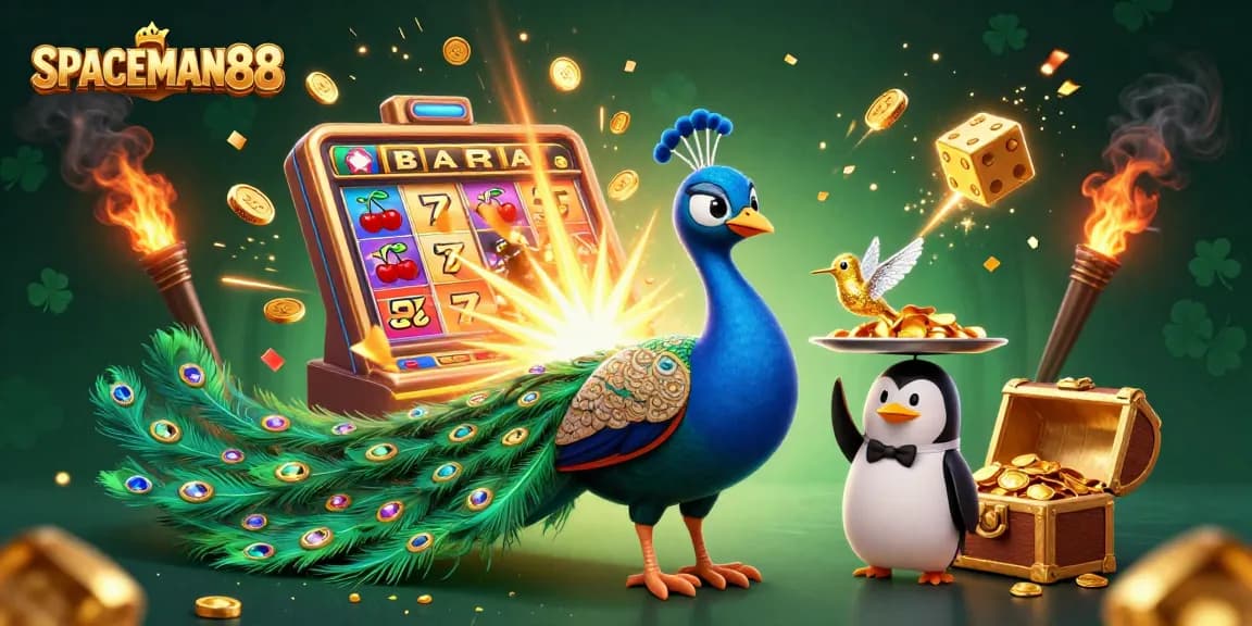 SPACEMAN88 features a peacock, penguin, and hummingbird celebrating a jackpot explosion in this vibrant casino scene.
