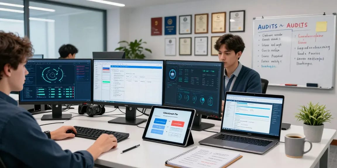 IT specialist examining cybersecurity data comparing cyber essentials vs cyber essentials plus in a modern office.