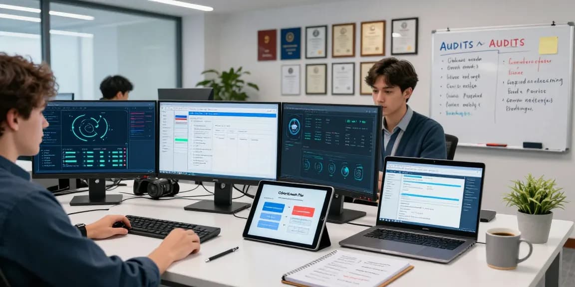 IT specialist examining cybersecurity data comparing cyber essentials vs cyber essentials plus in a modern office.