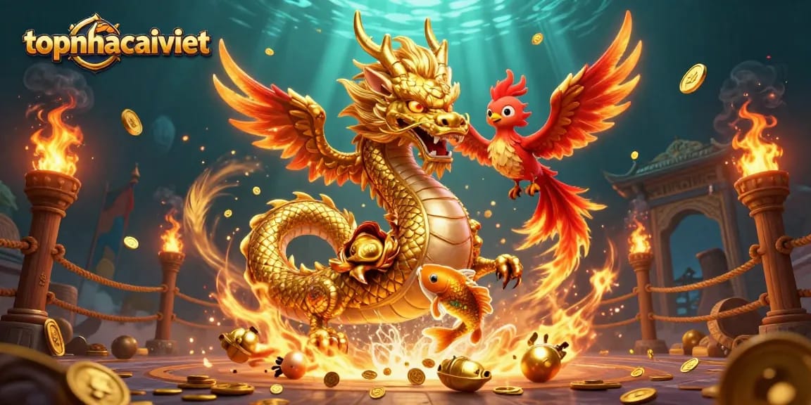 Experience the thrill of topnhacaiviet with a dazzling dragon, phoenix, and koi fish in a vibrant casino scene.