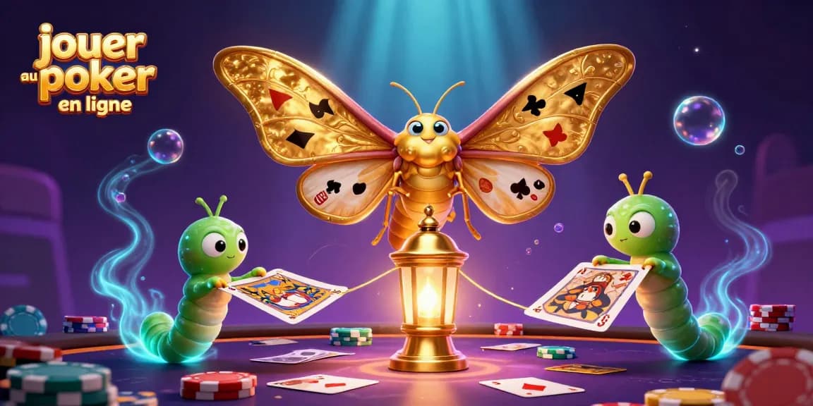 Jouer au poker en ligne avec des cartes colorées et des jetons sur une scène animée.
