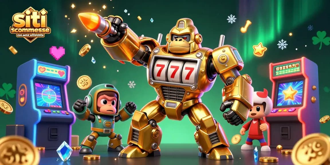 Illustrazione 3D dettagliata di mech gorilla dorato tra macchine da gioco, simboli e monete, relativo ai siti scommesse non AAMS affidabili.