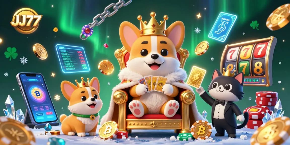 Win big with JJ77 as the royal corgi reigns over a vibrant casino scene filled with gold coins and slot reels.