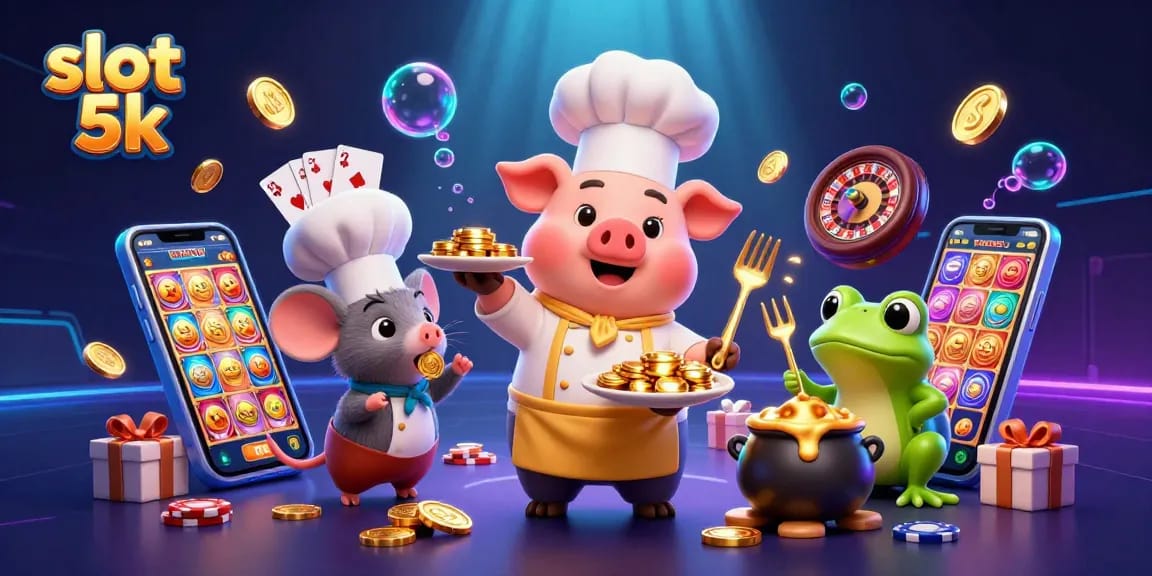 Experience exhilarating slot 5k action with animated characters serving coins and vibrant gameplay in a casino scene.