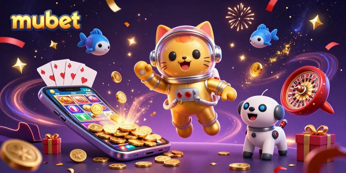 Experience thrilling games with mubet in a vibrant cosmic casino scene featuring cats and aliens.