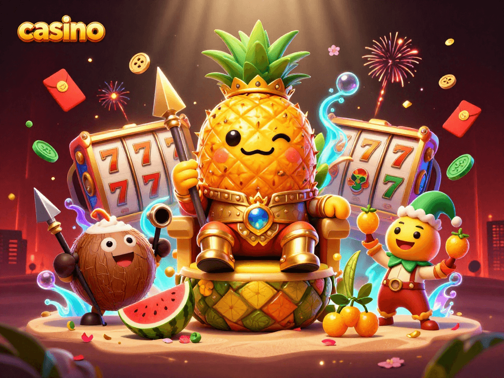 Play vibrant casino games with the golden pineapple king and friends in a lively animated scene.