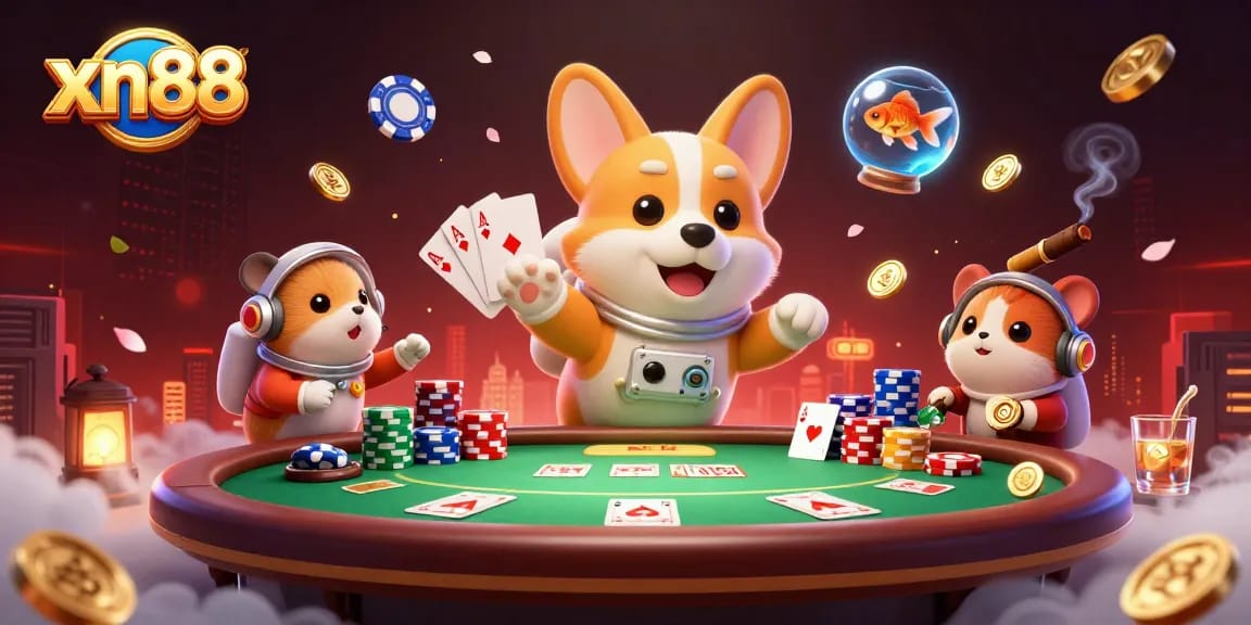 Engage in exciting gaming action with xn88 as a 3D cartoon astronaut corgi navigates a space station casino.