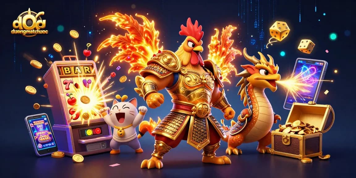 Spin to win with duongmatchuoc as the fiery rooster warrior and dragon hatchling celebrate jackpot wins!