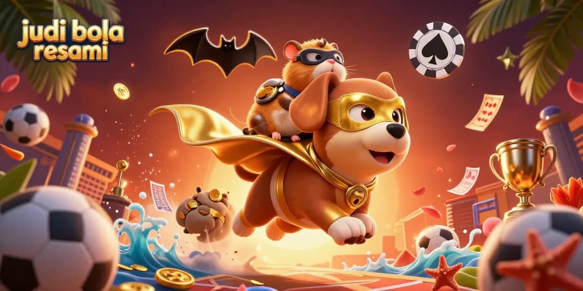 Engage in judi bola resmi with vibrant sports scenes featuring a superhero dog amid flying betting slips.