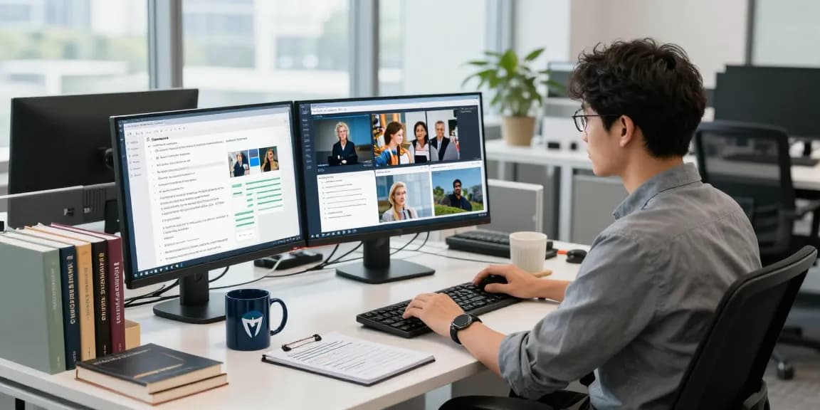 Data analyst working with an ai image detector in a modern office environment.