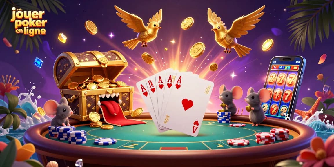 Jouer au poker en ligne avec une main de royal flush sur une table animée entourée de pièces dorées.