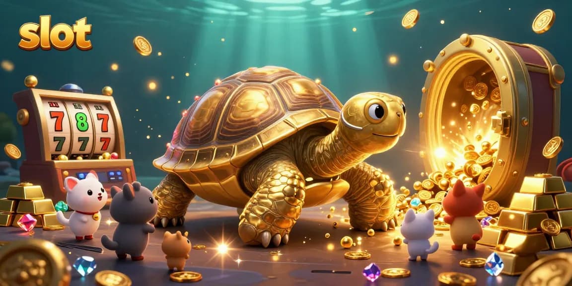 Spin slot reels with a golden tortoise pinball machine in this vibrant casino scene