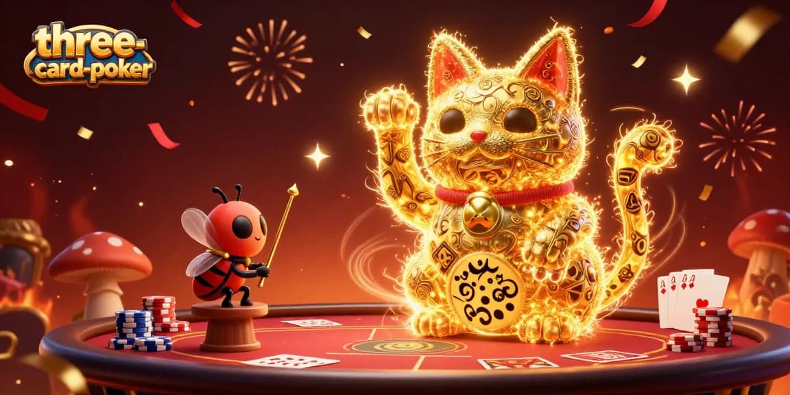 Engage in three-card-poker with a vivid scene of a lucky cat and dynamic casino elements.
