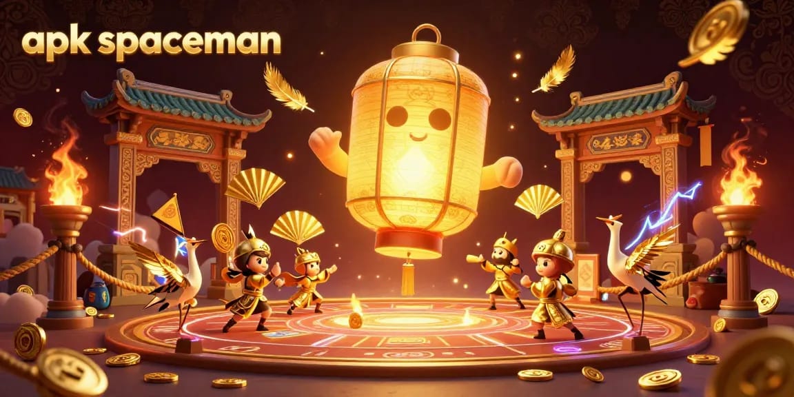 Play the apk spaceman slot game with a vibrant 3D casino illustration depicting golden lanterns and dynamic elements.