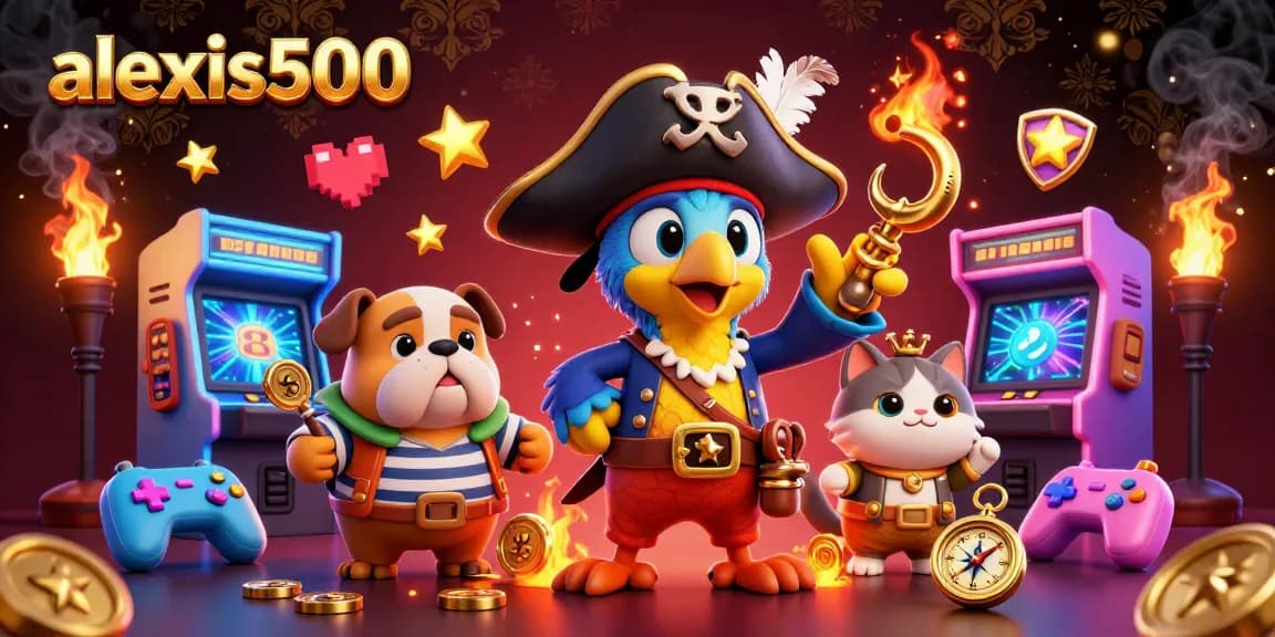 Engage with alexis500's vibrant gaming adventure featuring a 3D pirate parrot, bulldog, and cat amid dynamic casino elements.