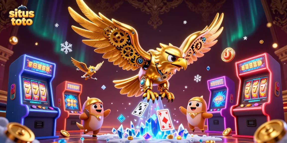 Situs toto showcases a dynamic gambling scene with a golden eagle amidst colorful slot reels and game machines.