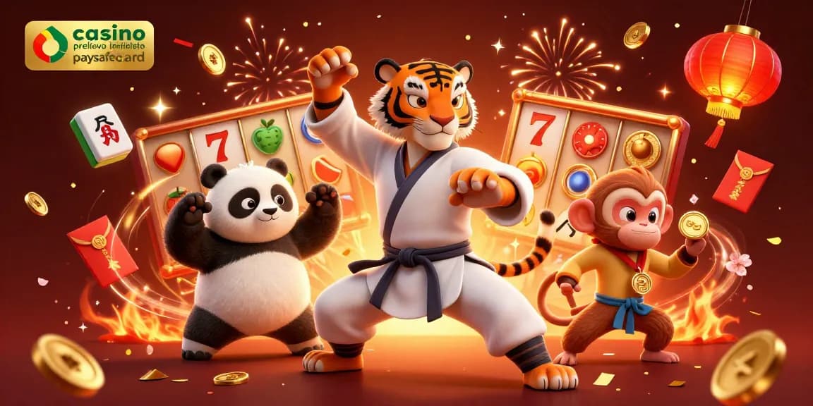 Grafica di un casino prelievo immediato paysafecard con un maestro di kung fu, panda e un monaco