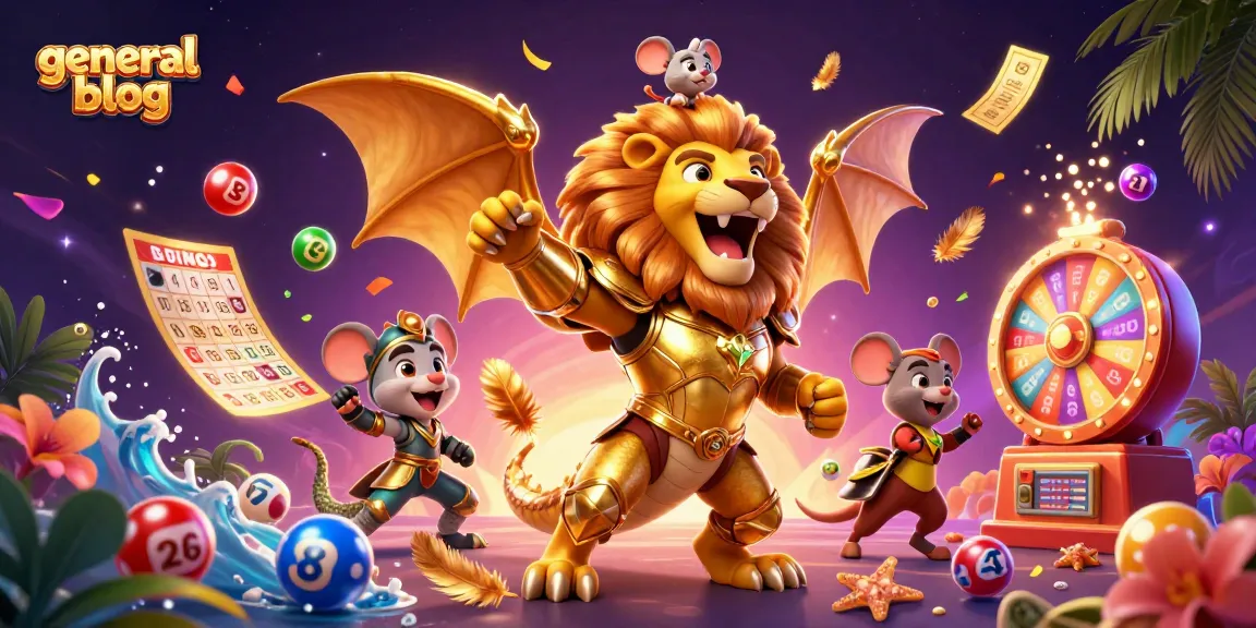 Spin to win on a general blog with colorful lottery balls and a victorious chimera creature.