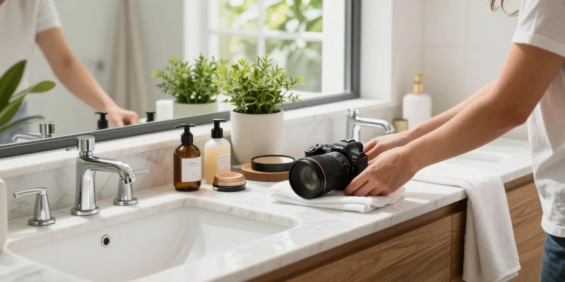 Beautiful bathroom vanity setup with organized beauty products in a modern, well-lit environment.