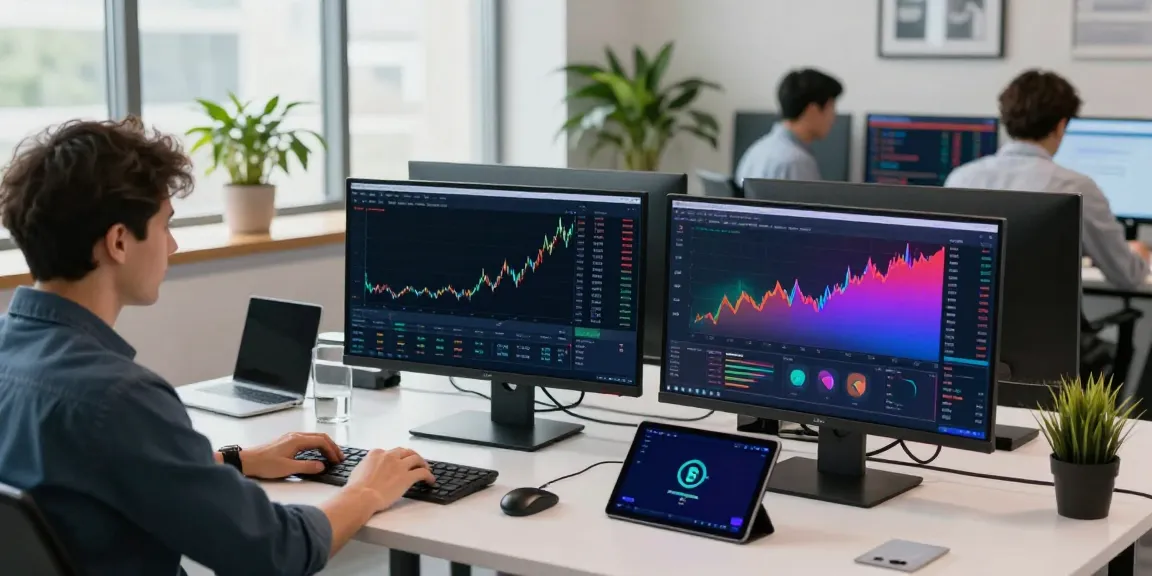 Real-time 交易所行情数据API interface on multiple screens in a professional cryptocurrency trading workspace.